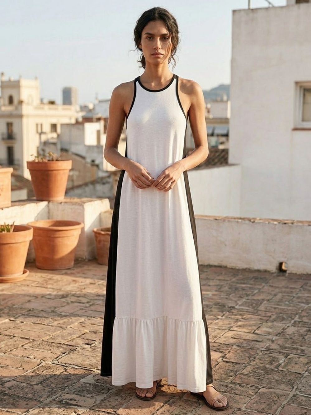 Anthropologie Black and White Contrast Racerback Maxi Dress